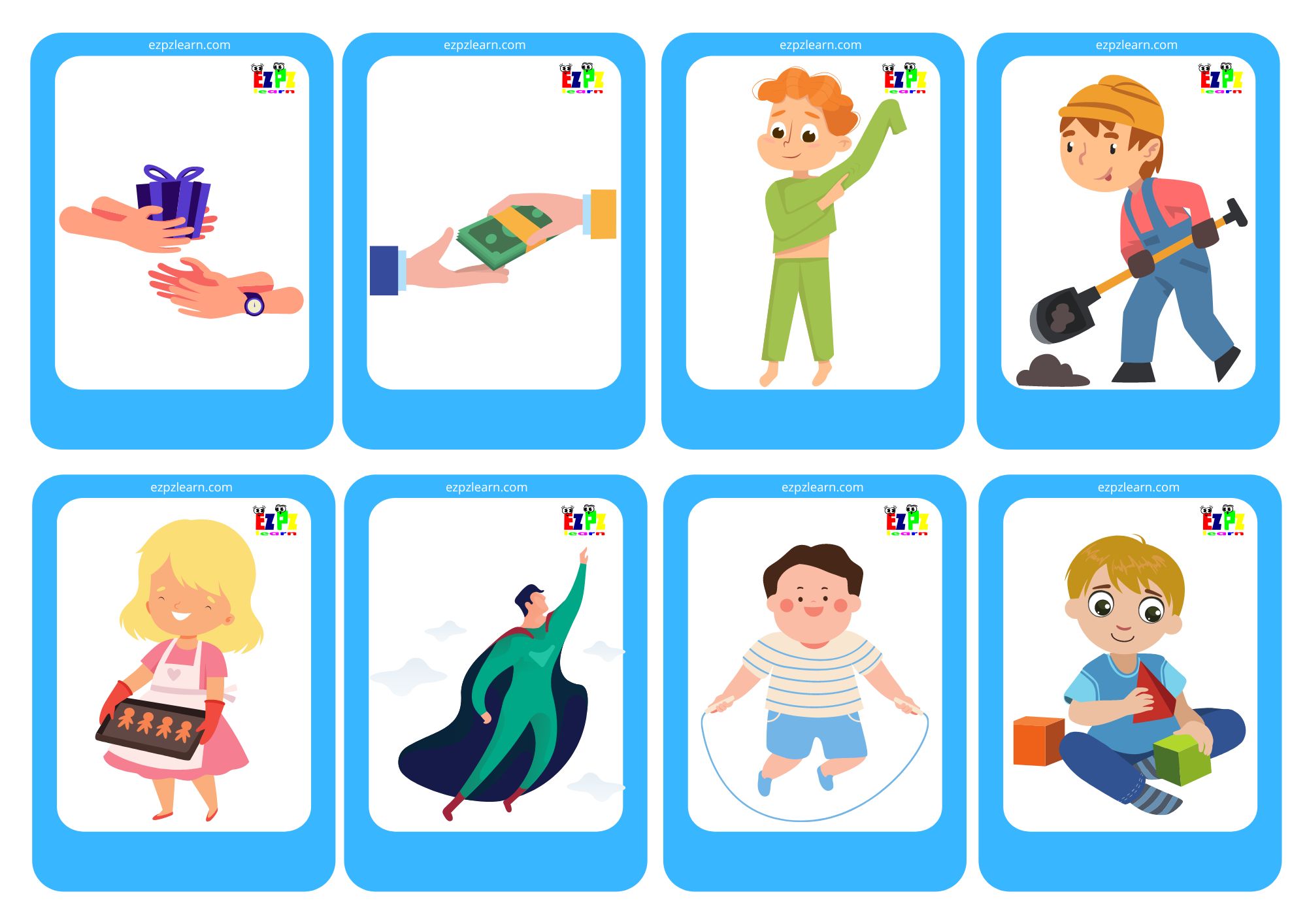 Verbs mini game cards for memory game free PDF Download - Ezpzlearn.com